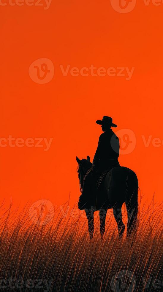 Silhouette of a cowboy on horseback against an orange sunset in a grassy field photo