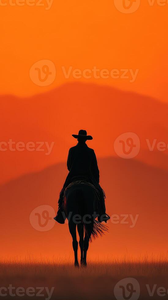 Silhouette of a cowboy on horseback against a vibrant sunset over mountains photo