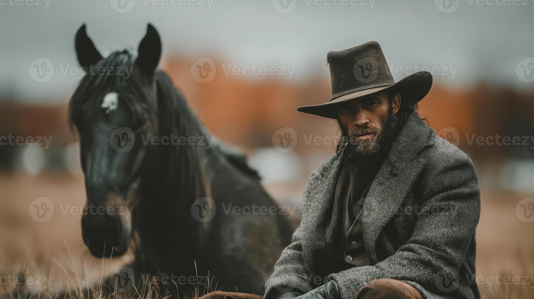 Horseman in rustic attire rests beside a majestic black horse during overcast afternoon in a tranquil field photo
