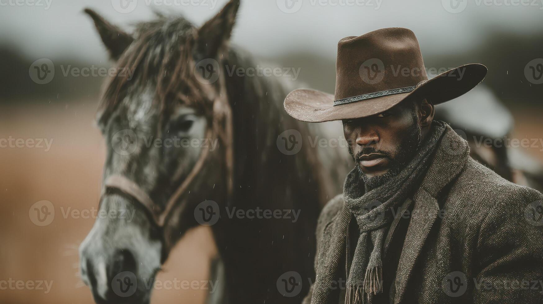 Cowboy stands beside a horse on a cloudy day in a rural landscape photo