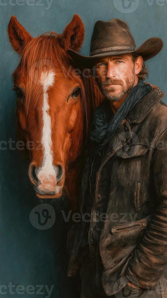 Cowboy with a horse posing against a solid backdrop in a rustic setting photo