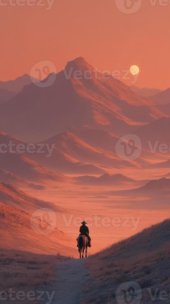 Sunset ride on horseback through mountainous landscape with dramatic skies and warm tones photo