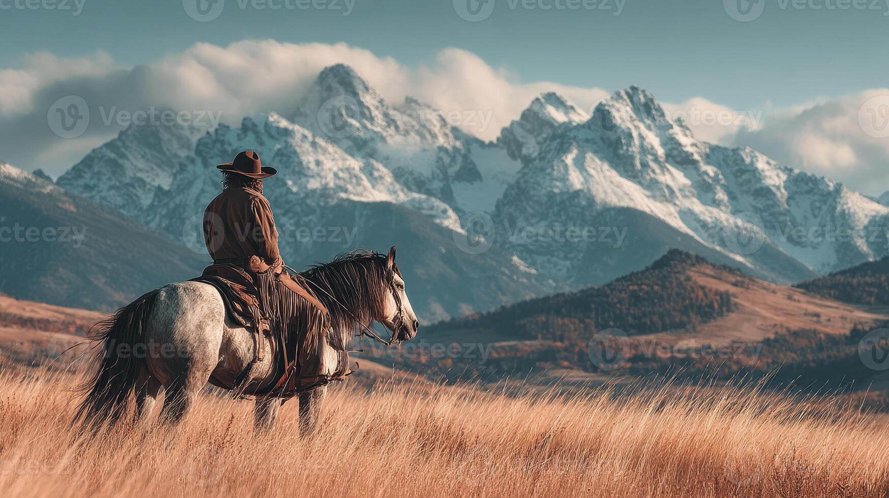 Cowboy riding a horse against snow-capped mountains during golden hour in a tranquil landscape photo