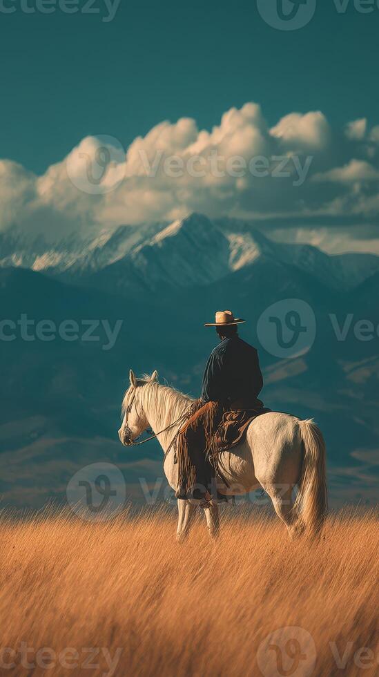 Riding through golden grasslands with mountains in the distance during a serene afternoon in nature photo