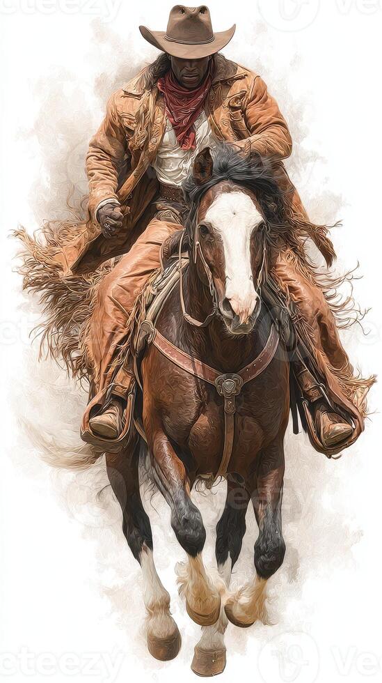 Cowboy riding a horse through a dusty landscape during sunset in the American West region photo