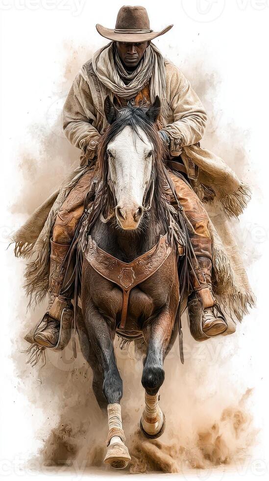 Cowboy riding a horse through dusty terrain at sunset in an expansive western landscape photo