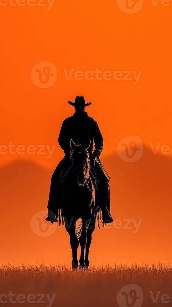 Silhouette of a cowboy on horseback against a stunning sunset in the open plains photo