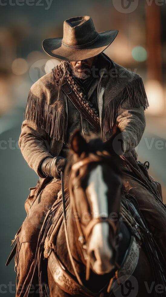 Cowboy riding a horse along a trail in the late afternoon light showcasing traditional western attire photo