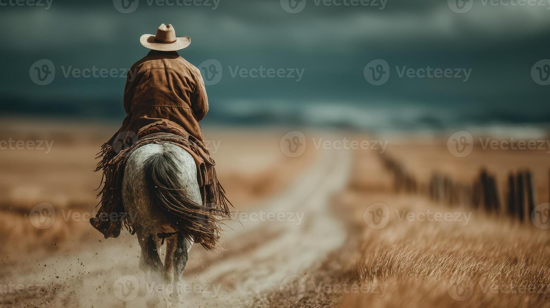 Cowboy rides a horse along a dusty road in open fields under a dramatic sky at sunset photo