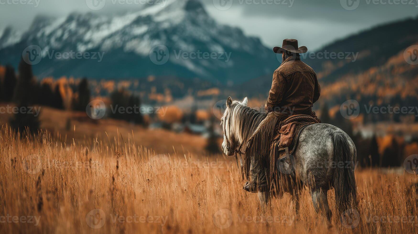 Cowboy on horseback gazes at mountain scenery during autumn in a tranquil valley photo