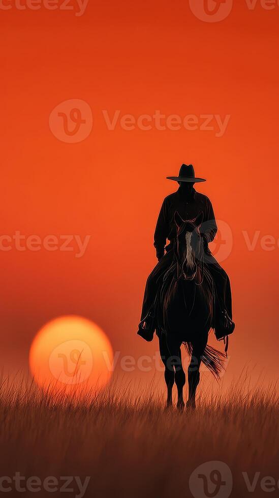 Silhouette of a cowboy riding a horse against a vibrant sunset in a wide open field photo