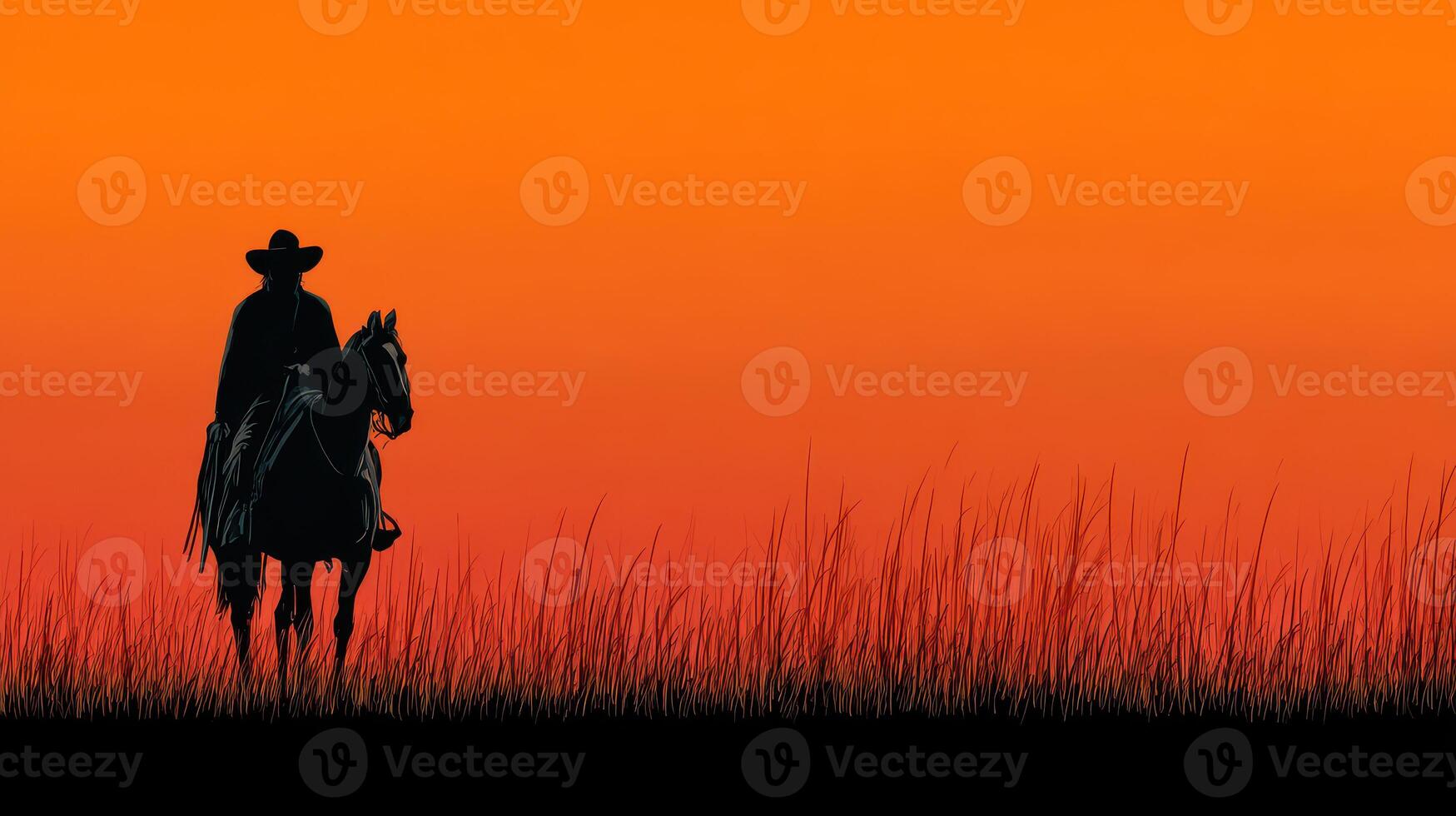 Sunset silhouette of a cowboy on horseback in a grassy landscape with vibrant orange sky photo