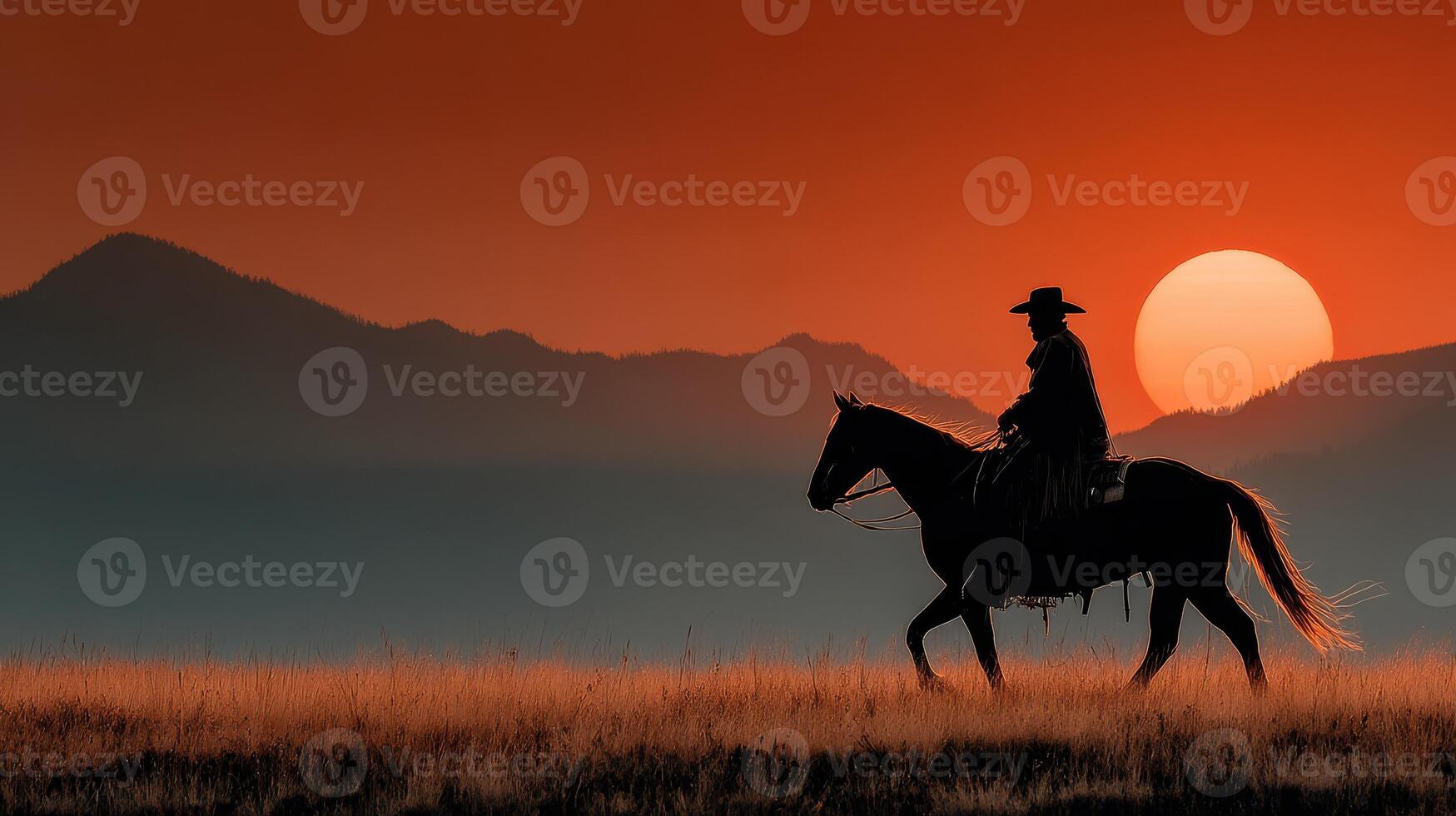 Cowboy riding horse at sunset in a serene mountainous landscape with orange skies and silhouette photo