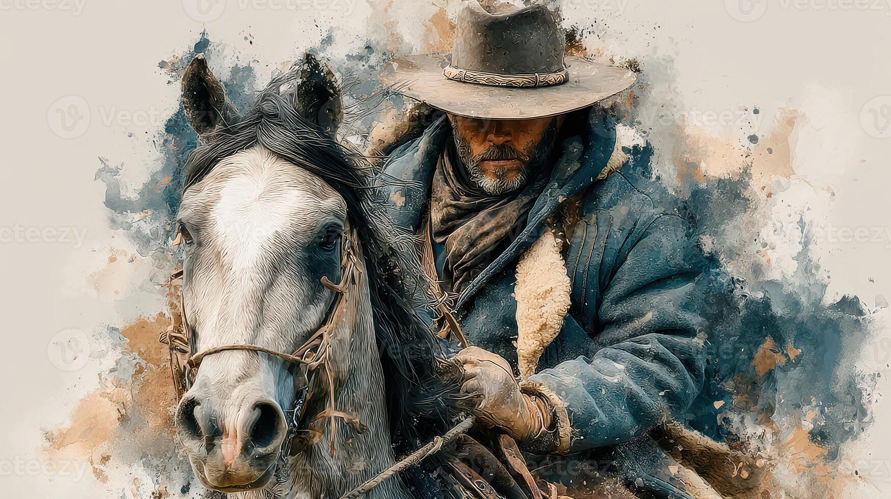 Cowboy on horseback in rugged attire navigating through a dusty landscape at sunset photo
