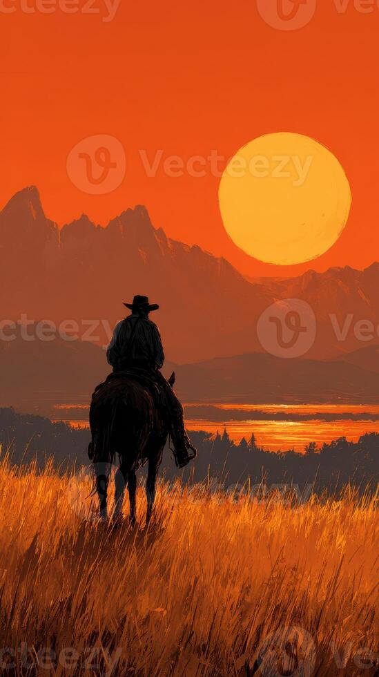 Cowboy watches sunset over mountains and lake while riding horse in golden grassland photo