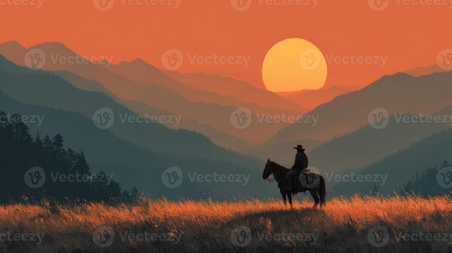 Sunset in the mountains with a lone cowboy riding on horseback through golden grass photo