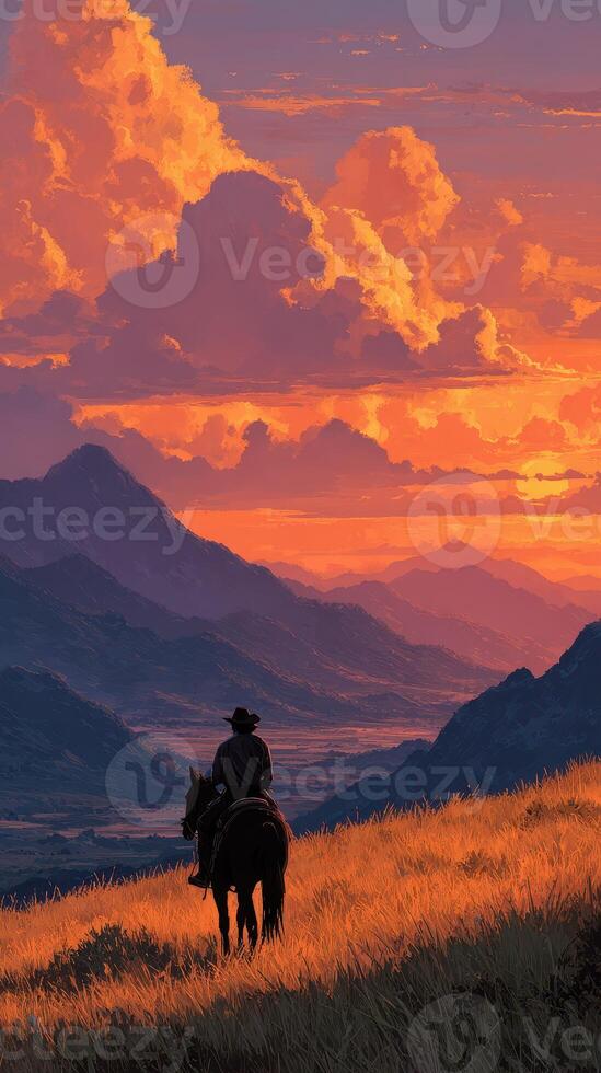 Cowboy on horseback watching sunset over mountains in a vibrant sky with clouds in the western landscape photo