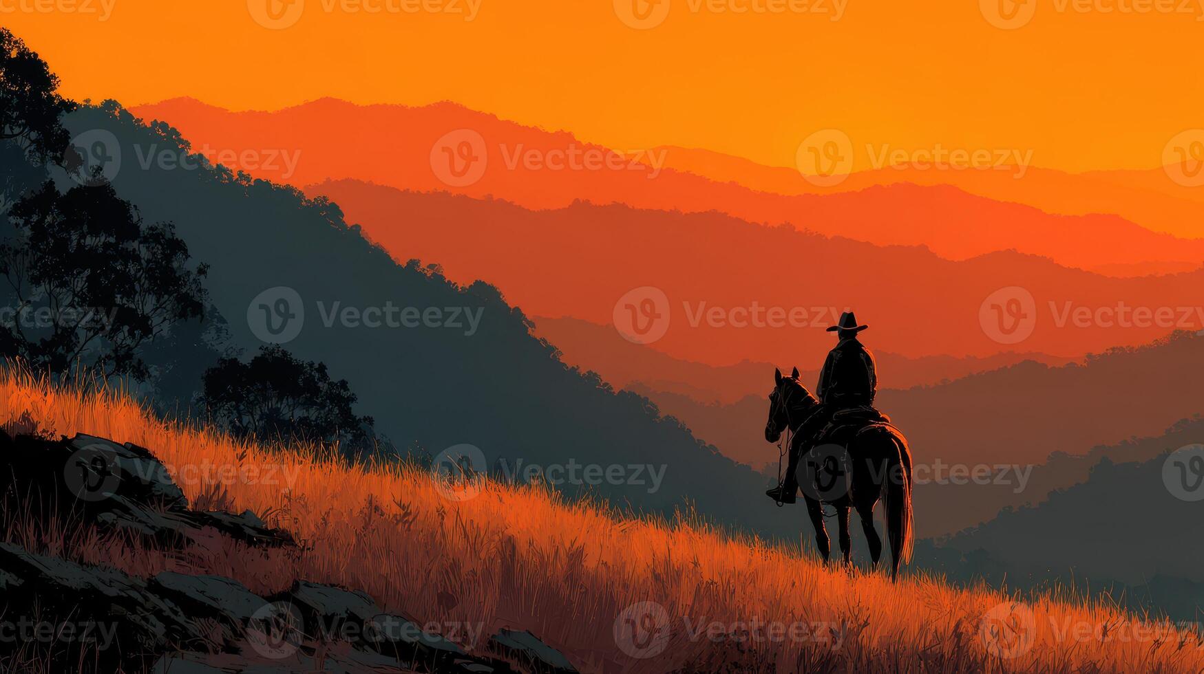 Cowboy on horseback rides into the sunset over the mountains, capturing the serene beauty of nature photo