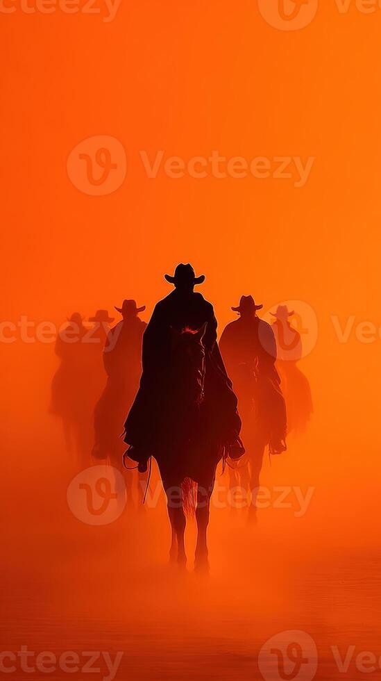 Silhouetted cowboys riding horses through a dusty landscape at sunset highlighting their shapes against an orange sky photo