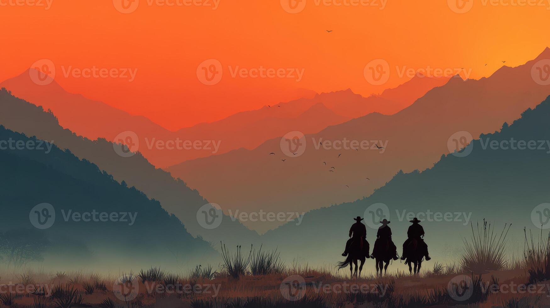 Cowboys riding into the sunset against a backdrop of mountains and a colorful sky photo