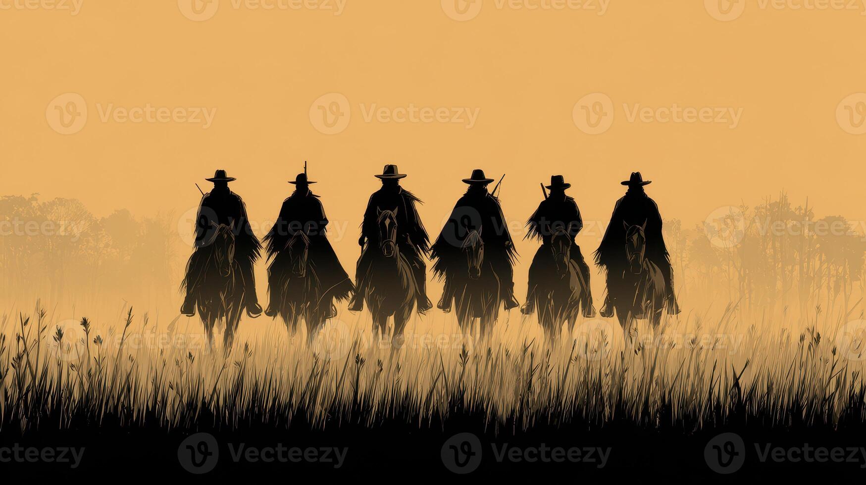 Group of six cowboys riding horses against a sunset background in a vast open field photo
