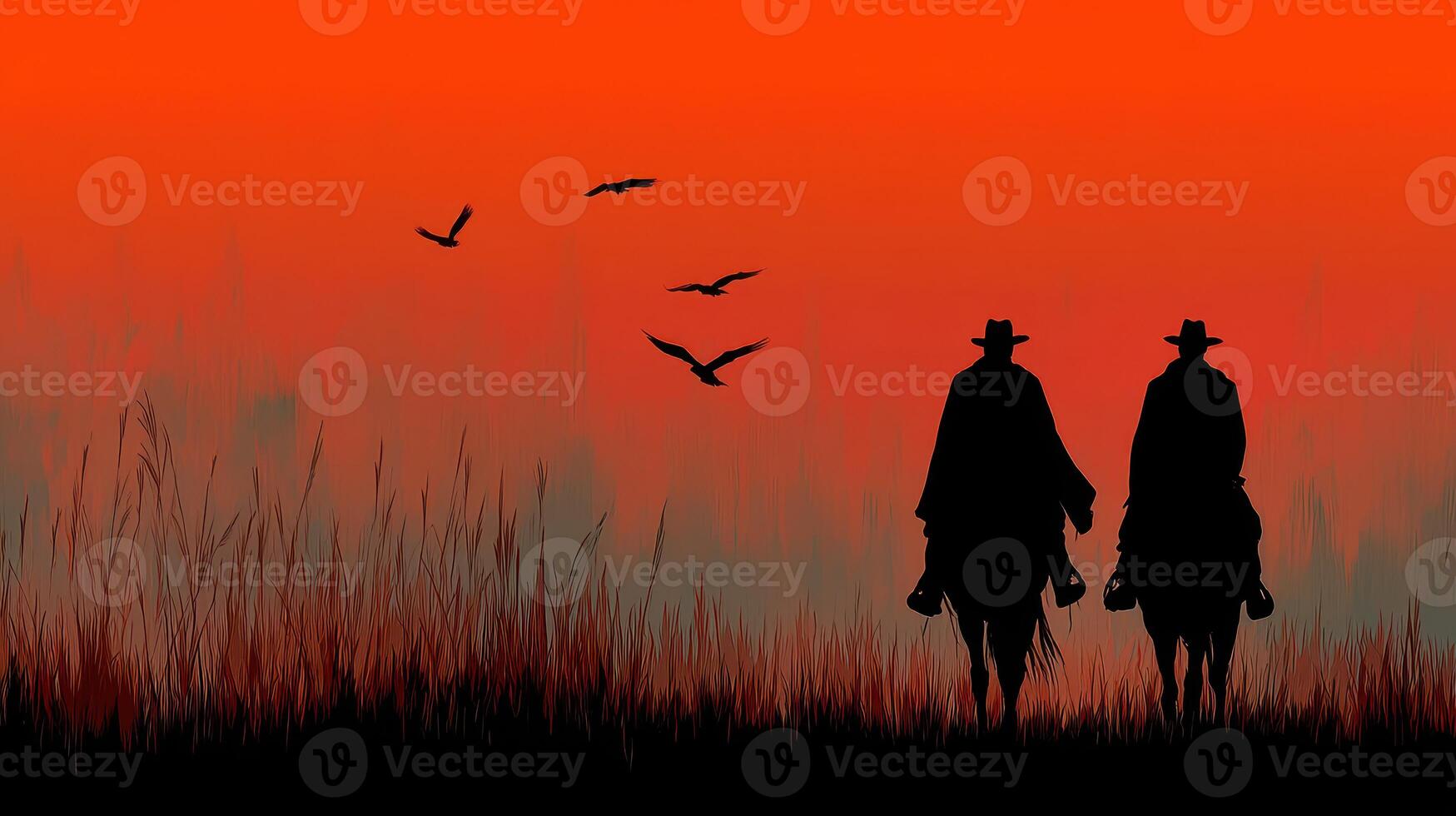 Cowboys ride into the sunset while birds fly across a colorful sky in an expansive landscape photo
