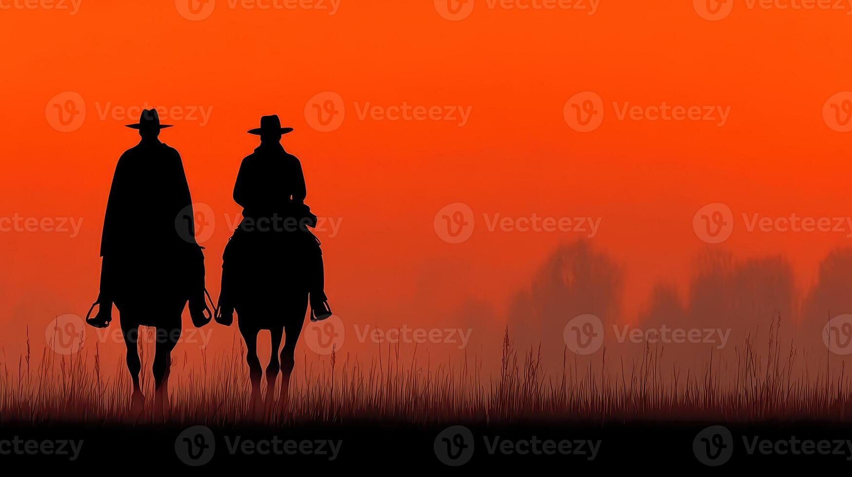 Cowboys ride into the sunset against a vibrant orange sky in a quiet rural landscape photo