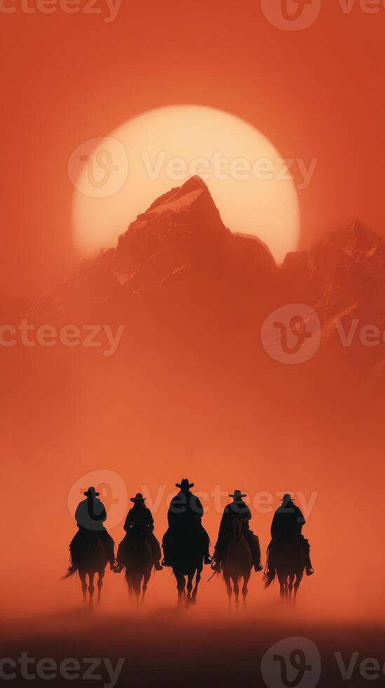 Silhouetted cowboys riding into the sunset against a mountain backdrop in a serene landscape photo