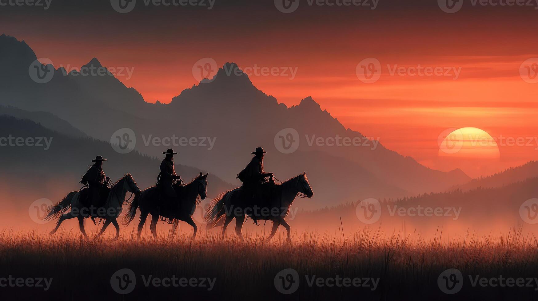 Cowboys ride horses across a misty field at sunset, silhouetted against majestic mountains photo