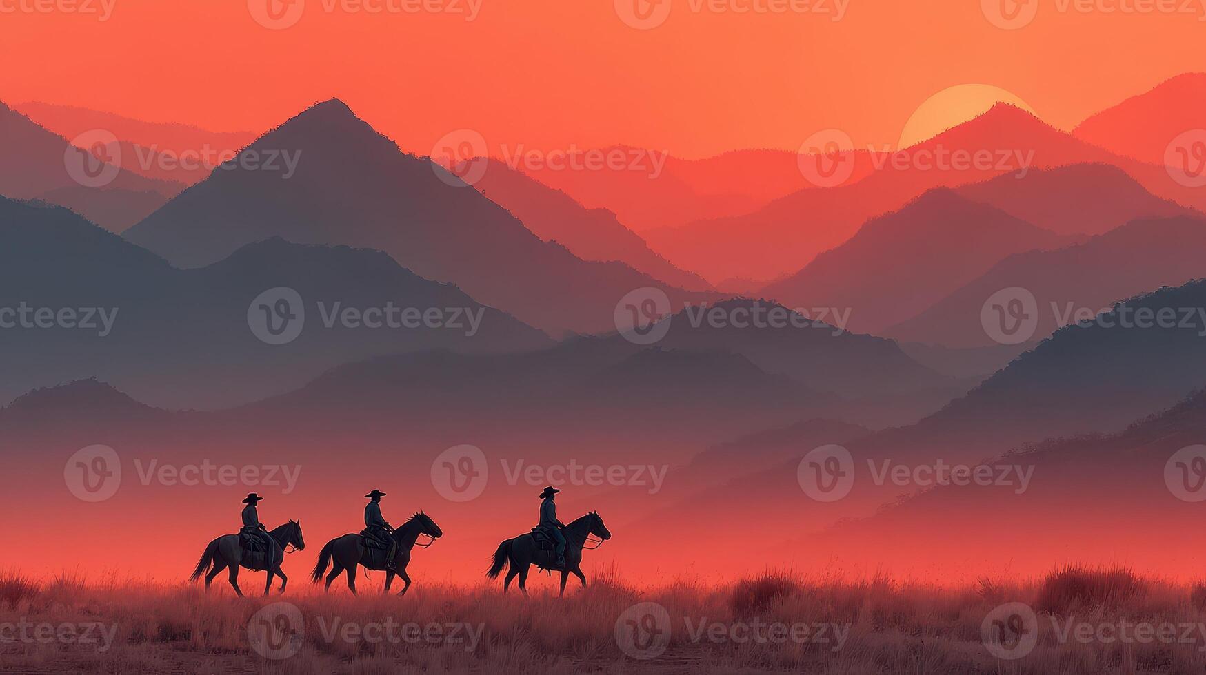 Three cowboys on horseback riding through a mountain landscape at sunset with vibrant colors filling the sky and valley below photo