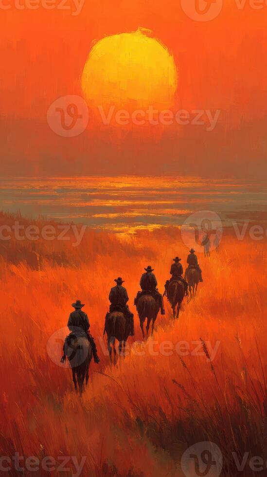 Riders journey through golden fields at sunset near the shore in a tranquil landscape photo
