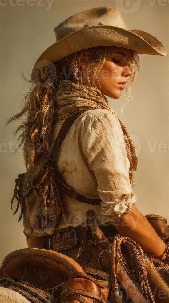 Cowgirl stands confidently against a warm sunset in the desert, ready for an adventure on horseback photo