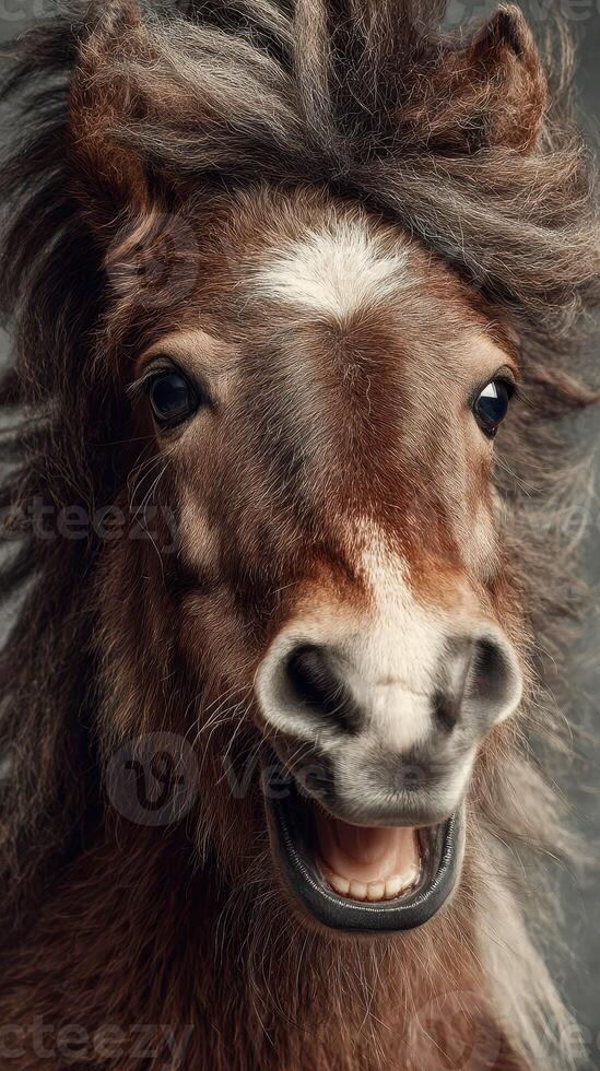 Happy pony with a lively expression in a studio setting enhances joyful vibes and playful energy photo