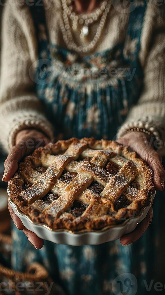 Sweet homemade apple pie held by an elderly person in a cozy kitchen during autumn photo