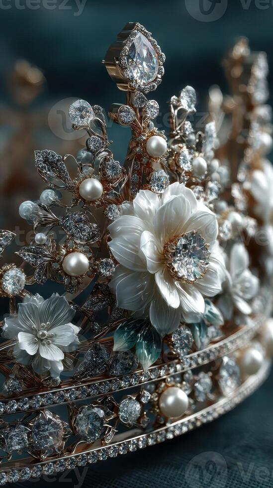 Elegant crown adorned with flowers and pearls captures the essence of luxury and beauty at a special event photo