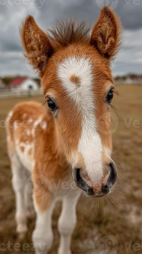 Curious foal explores the pasture during a cloudy afternoon at a rural farm photo