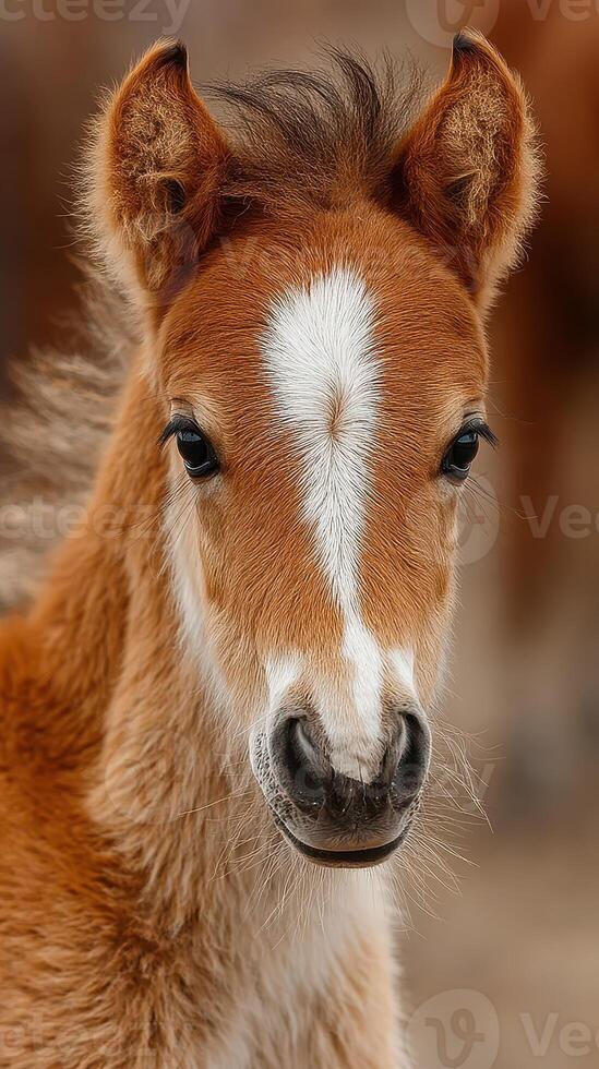 Young foal stands proudly in a field, showcasing its vibrant coat and curious expression during golden hour photo