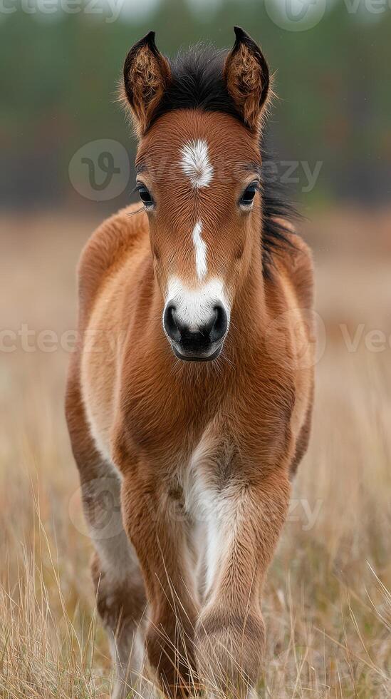 Young foal exploring a grassy meadow under soft lighting during early morning hours photo