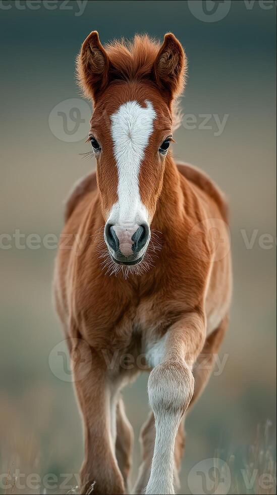 Young chestnut foal running across a grassy field at dawn in a serene landscape photo