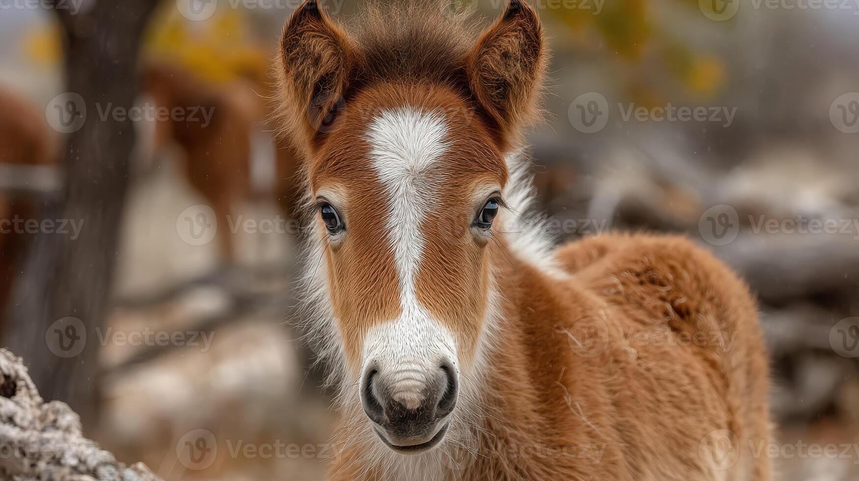 Young foal stands among the trees with a curious expression in a serene landscape during daylight photo