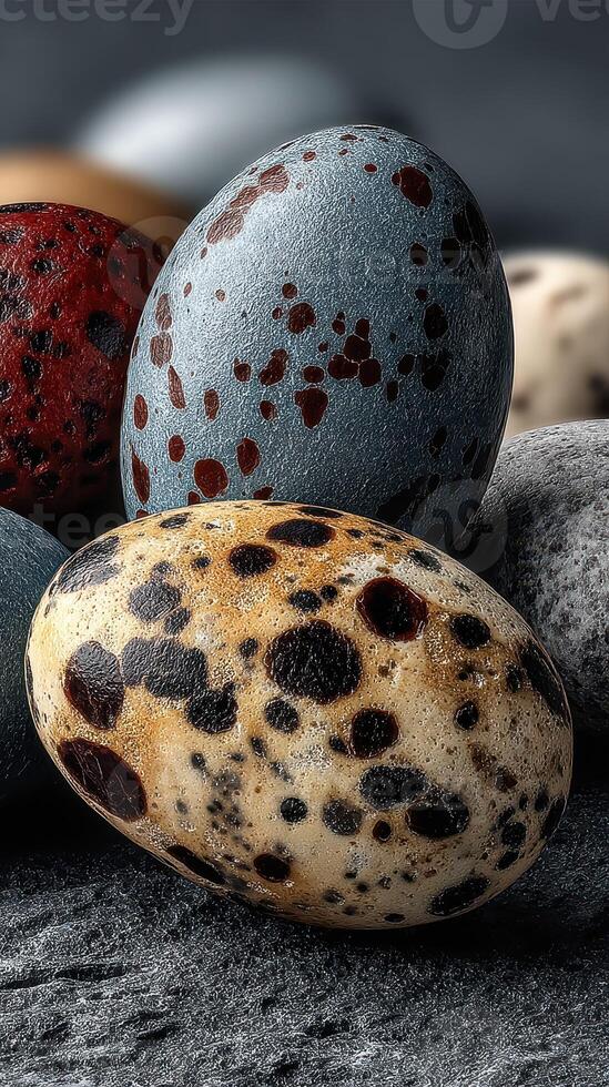 Beautifully patterned quail eggs showcased on a dark surface, highlighting their unique colors and textures in natural light photo
