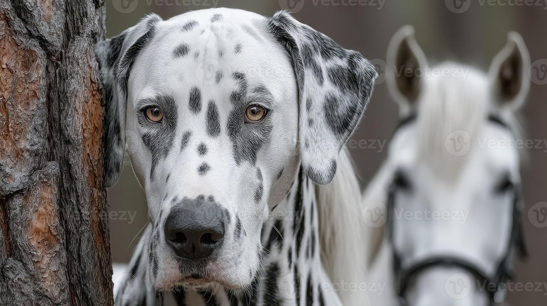Dalmatian dog standing beside a horse in a forest setting during early morning light photo