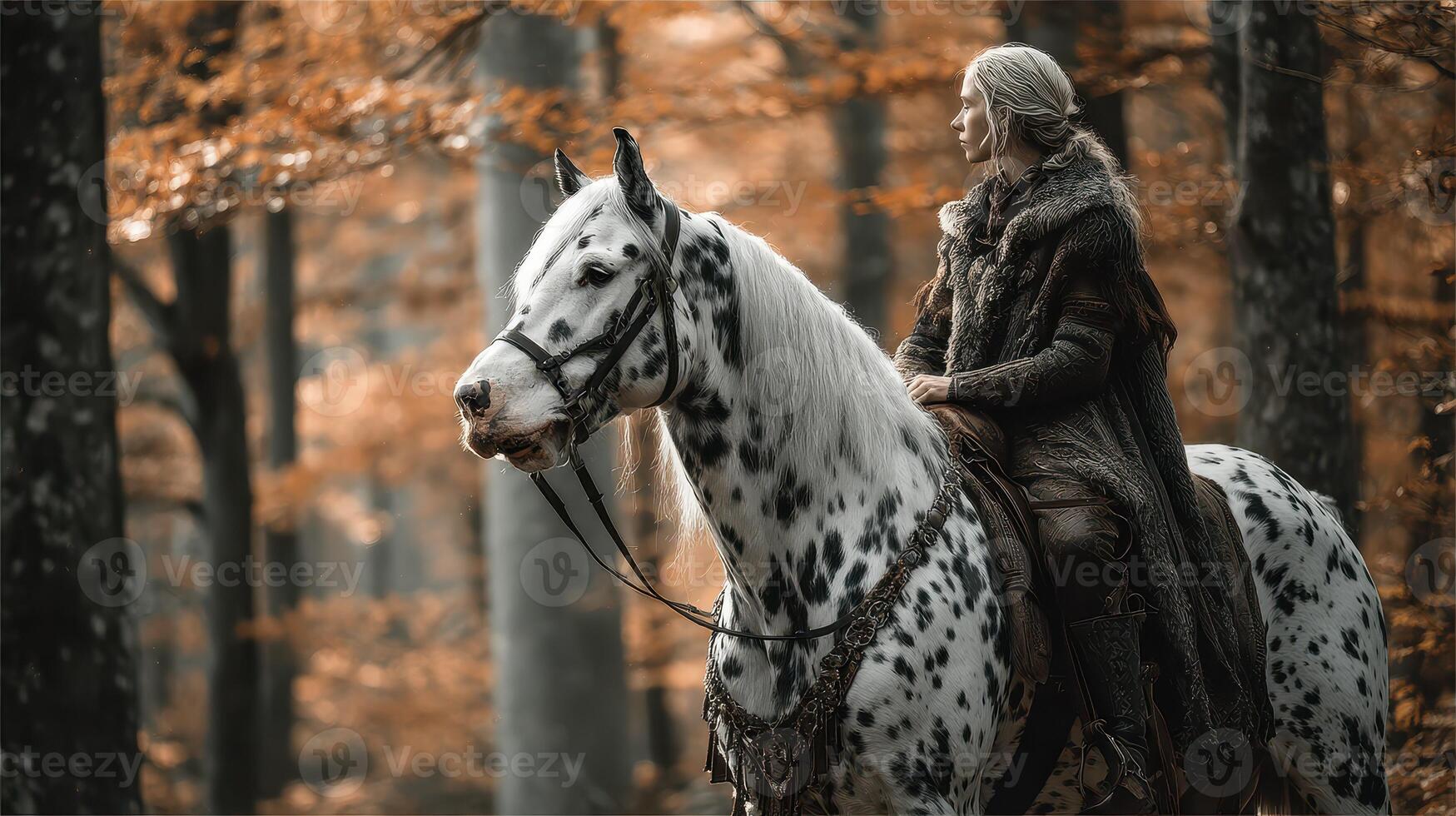 Woman riding spotted horse through autumn forest with vibrant orange leaves photo