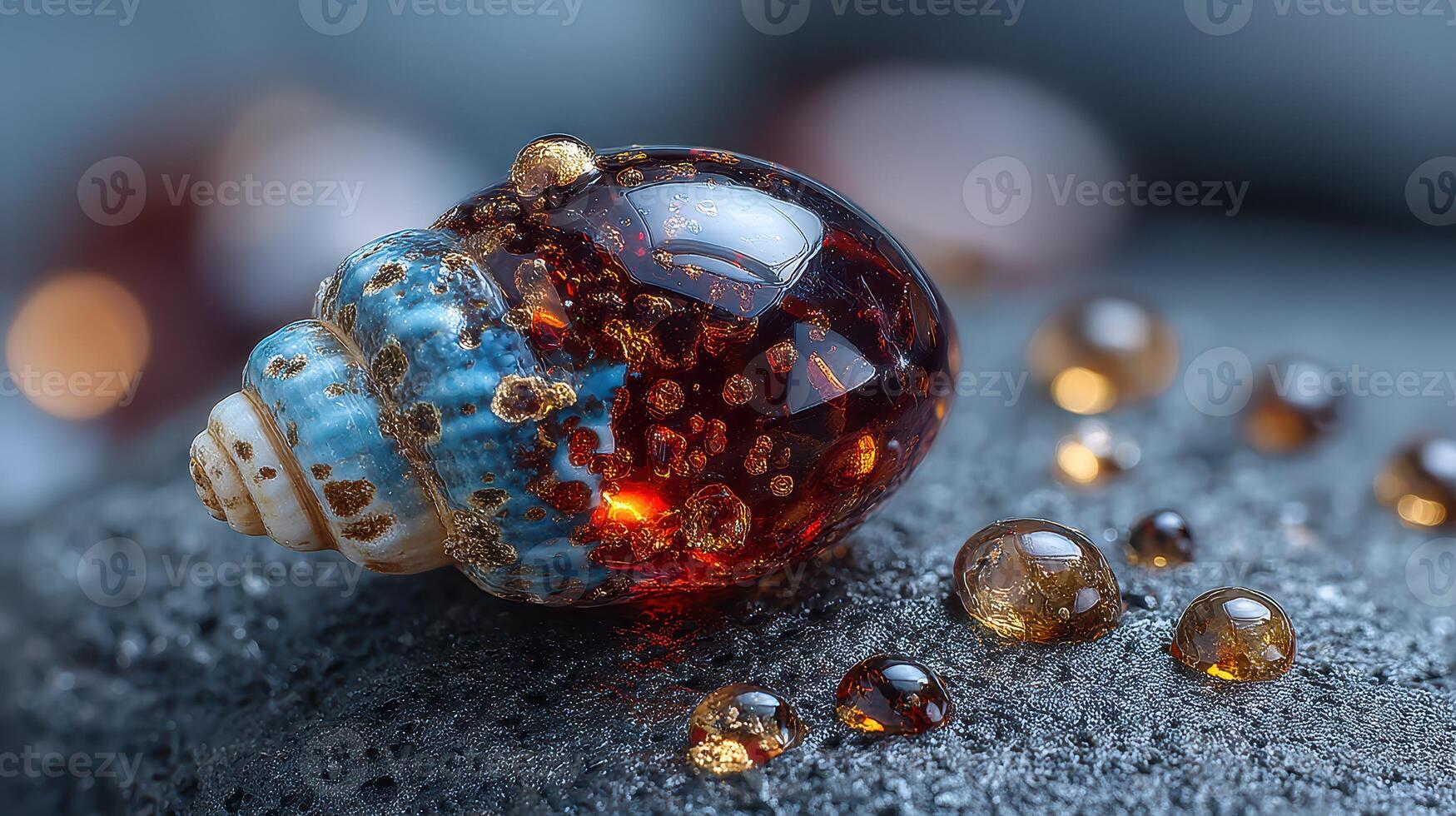 Detailed close-up of a colorful seashell resting on a textured surface with resin droplets in natural light photo