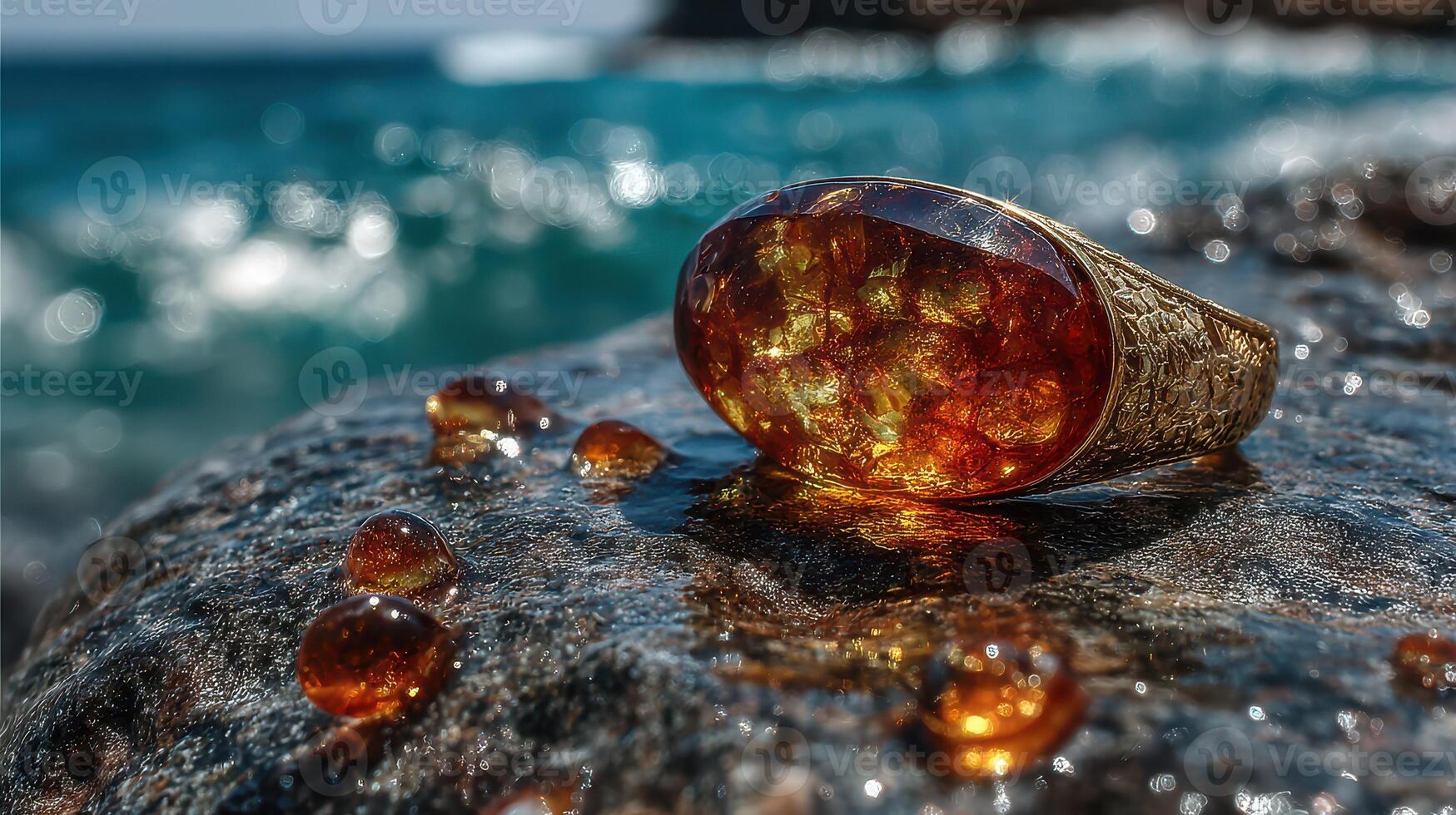 Beautiful amber ring on a rocky shore with ocean waves in the background highlighting its natural brilliance and craftsmanship photo