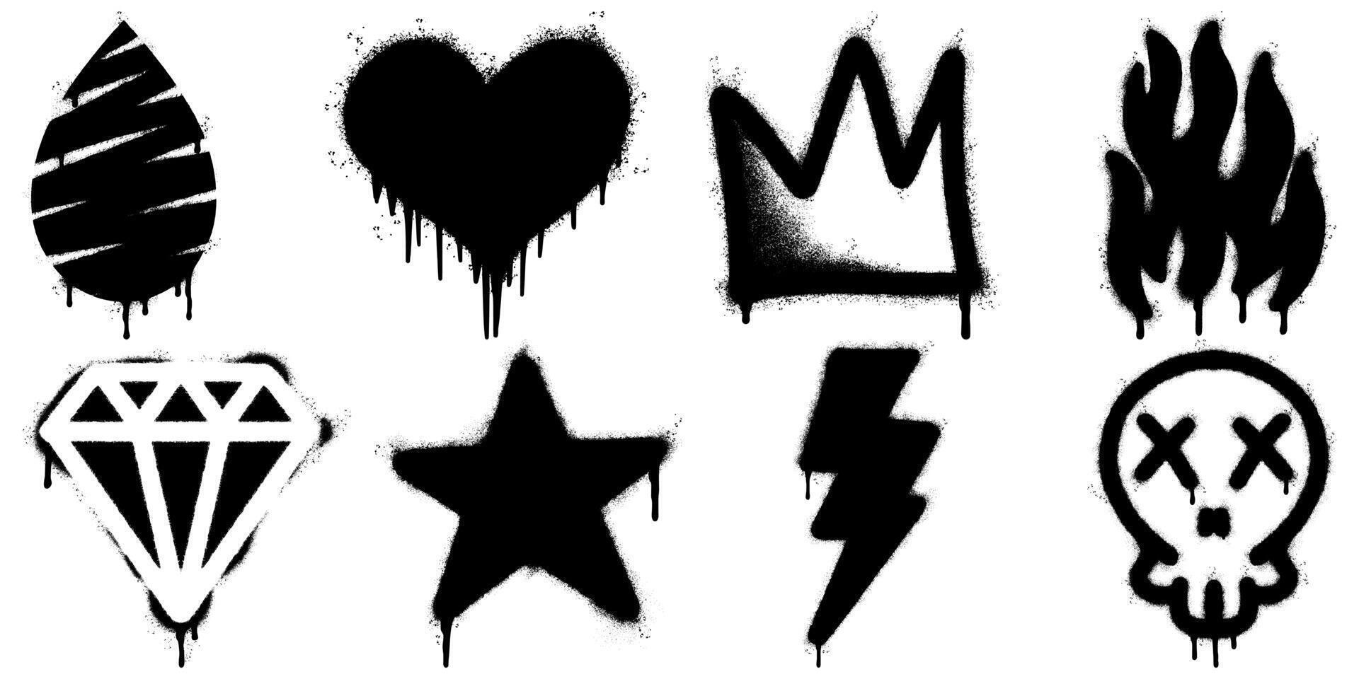collection of 8 black graffiti-style icons including a drop, heart, crown, flame, diamond, star, lightning bolt, and skull, all in stencil spray paint effect. vector