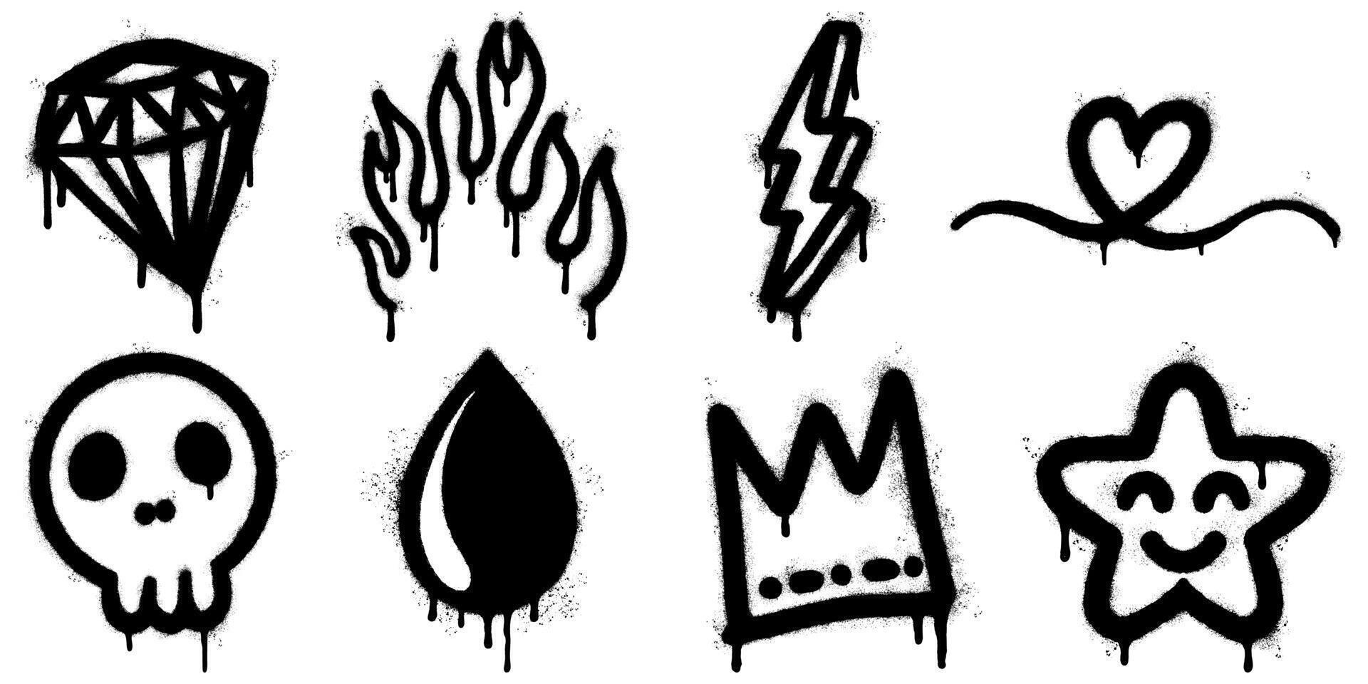 graffiti art featuring eight bold black spray-painted icons with paint drip effects. Includes skull, lightning bolt, heart, crown, teardrop, star, diamond, and flame. vector