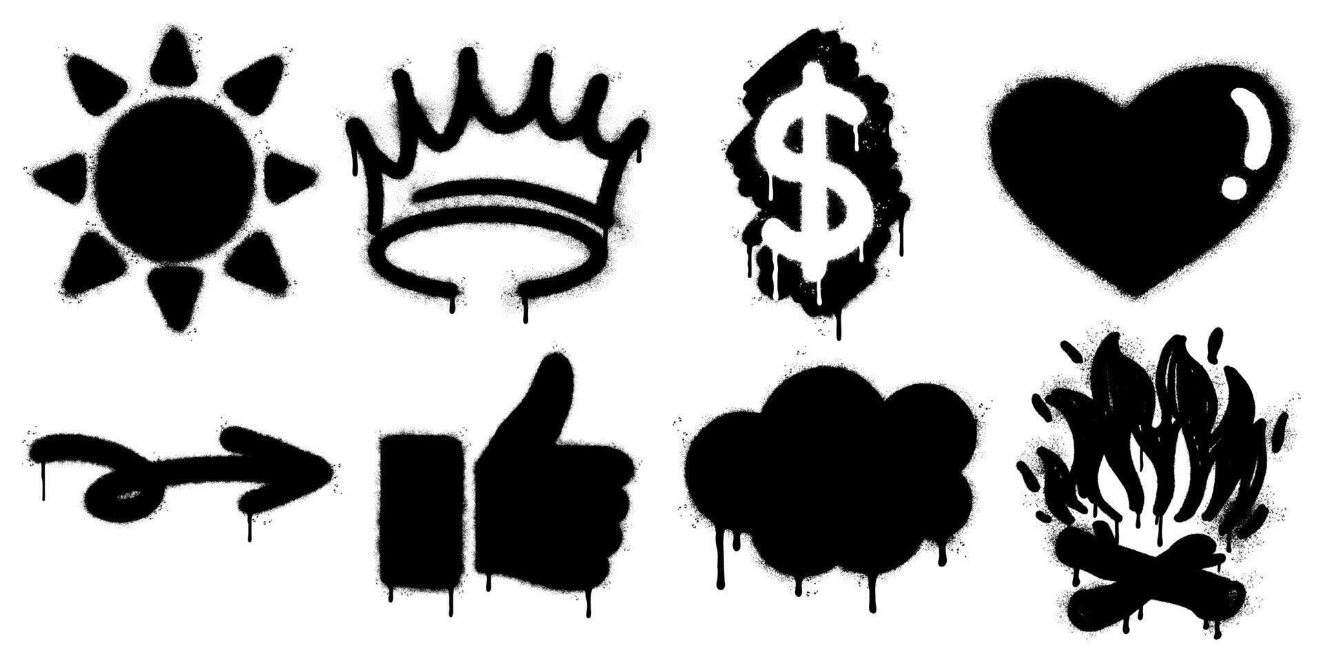 graffiti style icon set with black spray stencil elements. arrow, crown, heart, cloud, flame, sun, thumbs up, and dollar sign. vector
