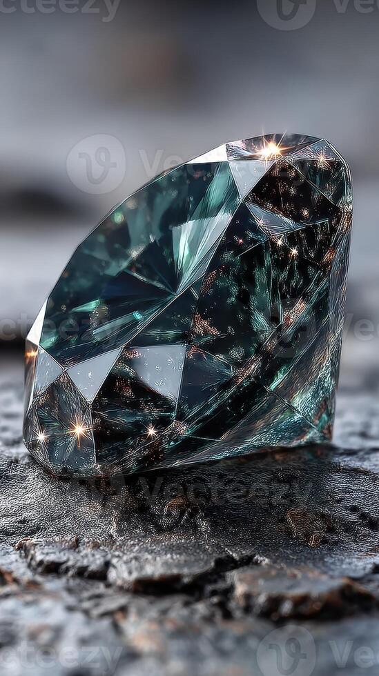 Sparkling crystal stone showcasing intricate facets and reflections in a textured dark setting photo