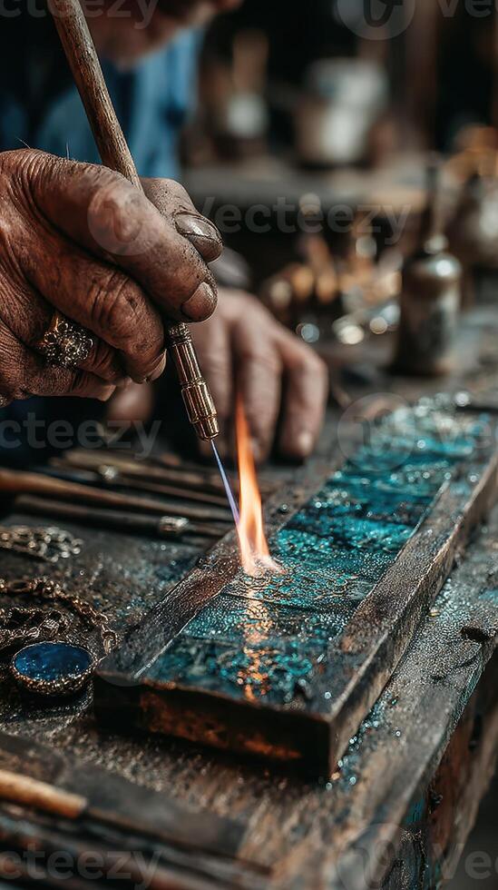 Skilled artisan creates intricate designs using flame and metal techniques in a workshop setting photo